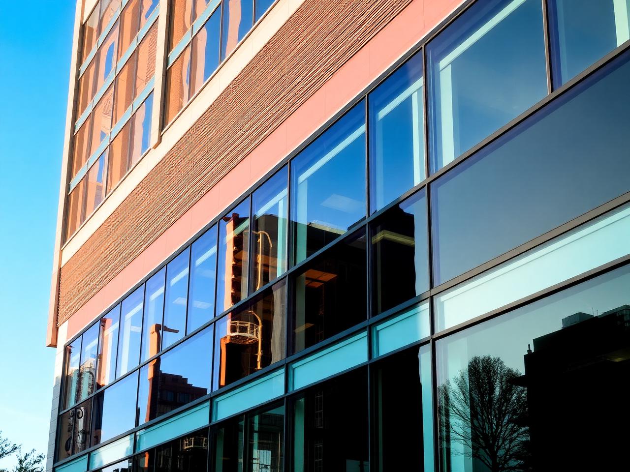 Reflective tinted glass facade of a modern Austin commercial building