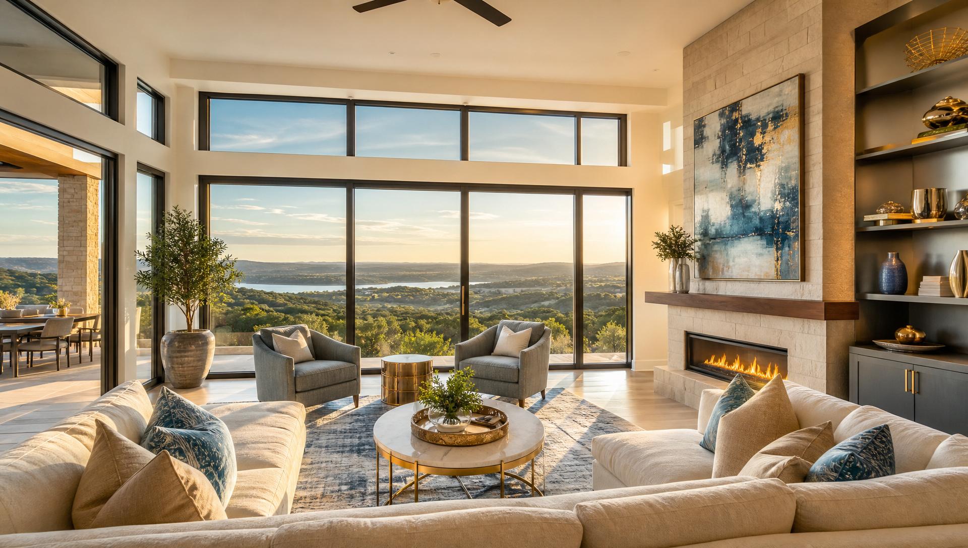 Bright, sunlit Austin living room with floor-to-ceiling windows showing a panoramic view of the Texas Hill Country