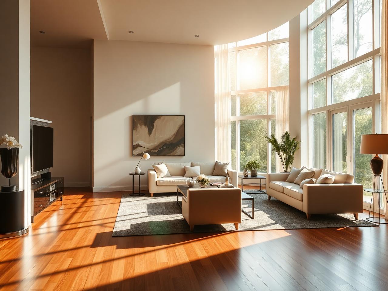 Sunlit luxury living room with hardwood floors protected by window film